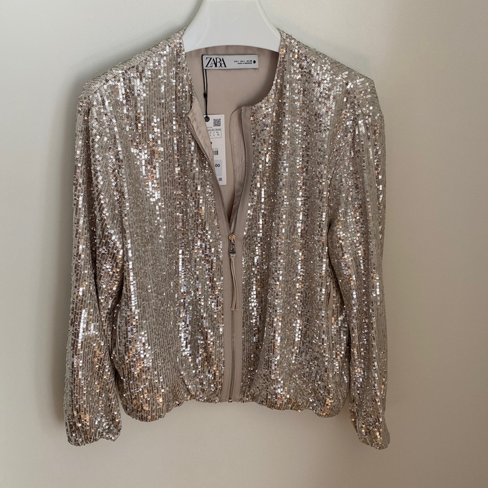Zara Silver Sequin Bomber Jacket